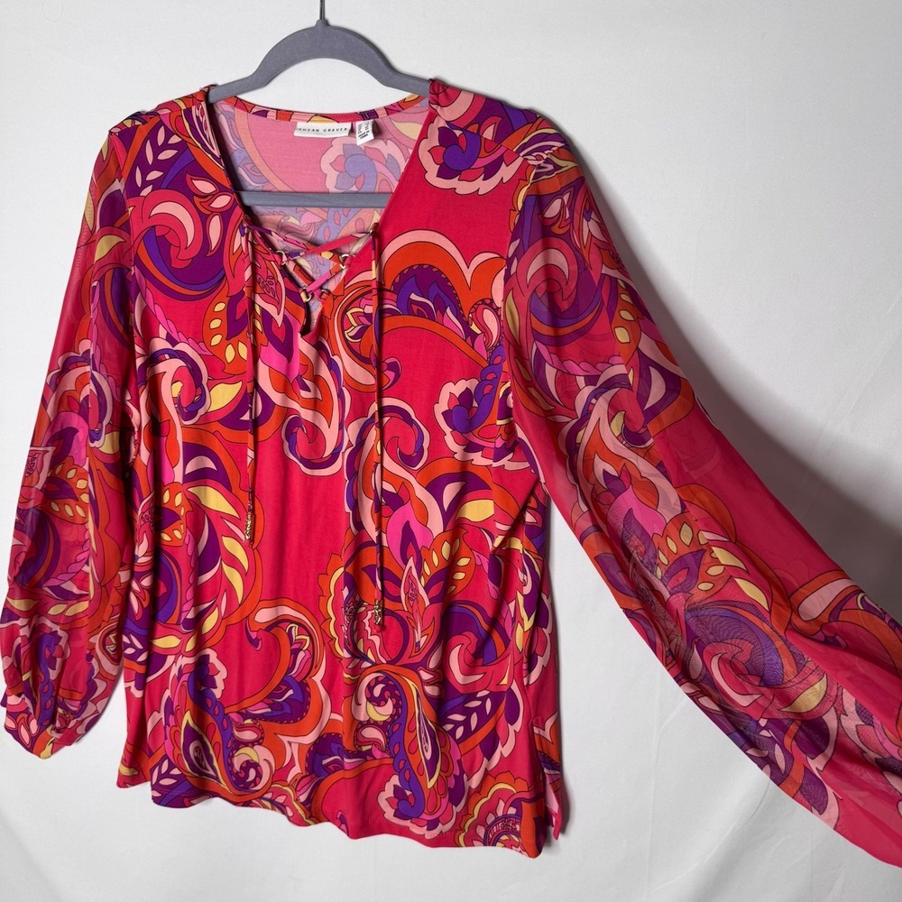 Susan Graver Top Sz Pink Lace Up Boho Sheer Balloon Slv Hippie 70s Floral Color